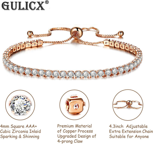 Tennis Bracelets for Women Rose Gold Plated Diamond AAA+ Cubic Zirconia CZ Dainty Classic Adjustable Slider Bracelet Silver Fashion Jewelry Wedding Gift