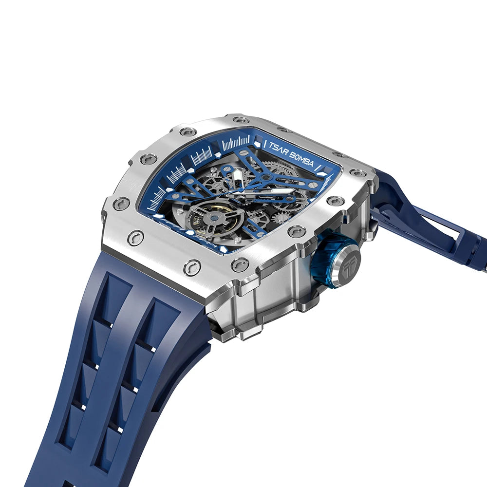 TSAR BOMBA Mechanical Watches for Men Sapphire Tonneau Wristwatch Skeleton Blue Clock Fashion Luxury Mens Automatic Watch