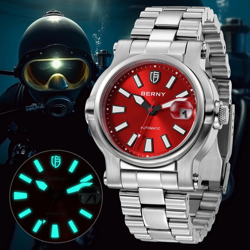 BERNY Men Diver Automatic Watch BERNY NH35 Luminous Sapphire Stainless Steel Diving Mechanical Wristwatch Sport Waterproof 10ATM