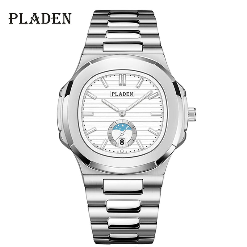 PLADEN Luxury Men Watches Hot Sale High Quality Moon Disk Decorate Quartz Watch Stainess Steel Automatic Date Relogio Masculino