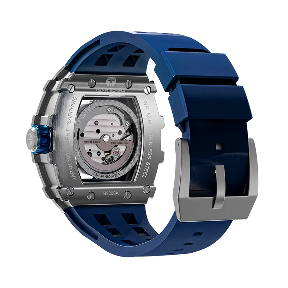 TSAR BOMBA Mechanical Watches for Men Sapphire Tonneau Wristwatch Skeleton Blue Clock Fashion Luxury Mens Automatic Watch