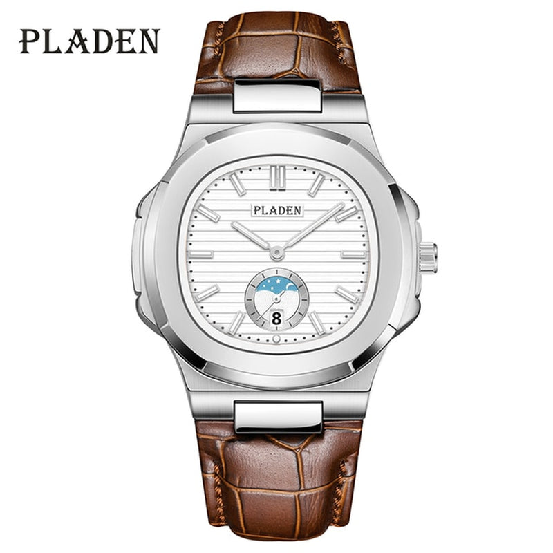 PLADEN Luxury Men Watches Hot Sale High Quality Moon Disk Decorate Quartz Watch Stainess Steel Automatic Date Relogio Masculino