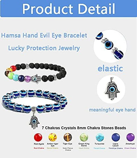 2Pcs Evil Eye Bracelets Hamsa Hand Fatima Beaded Charm Bracelets Blue Eye Stretch Amulet Protection Bracelet